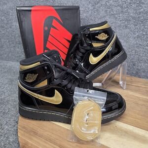 Nike Air Jordan 1 Retro High OG Shoes Youth Size 5Y Black Gold Patent 575441-032